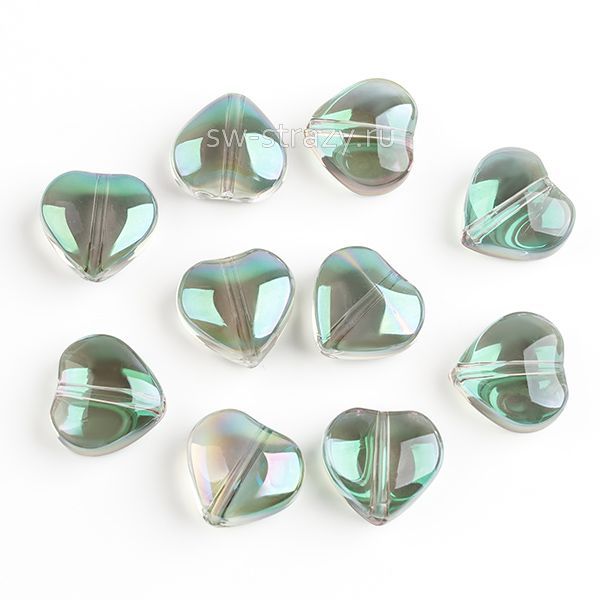 Бусина-сердце 9,5 мм прозрачный сиренево-зеленый (стекло)