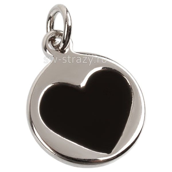 Подвеска-монетка с сердцем 12,5х10 мм эмаль черная серебро*