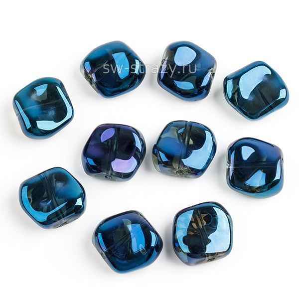 Бусина-квадрат 11 мм прозрачный синий металлик (стекло)